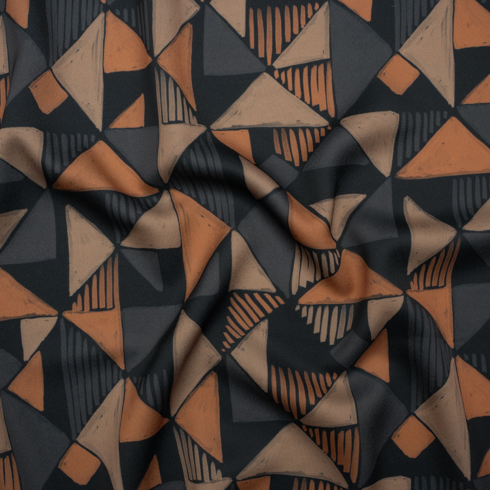 Polyester Crepe-Back Satin - Midnight, Taupe and Burnt Orange Painterly Triangles - Mood Exclusive Fractured Forms Print Polyester Crepe-Back Satin - Midnight, Taupe and Burnt Orange Painterly Triangles - Mood Exclusive Fractured Forms Print