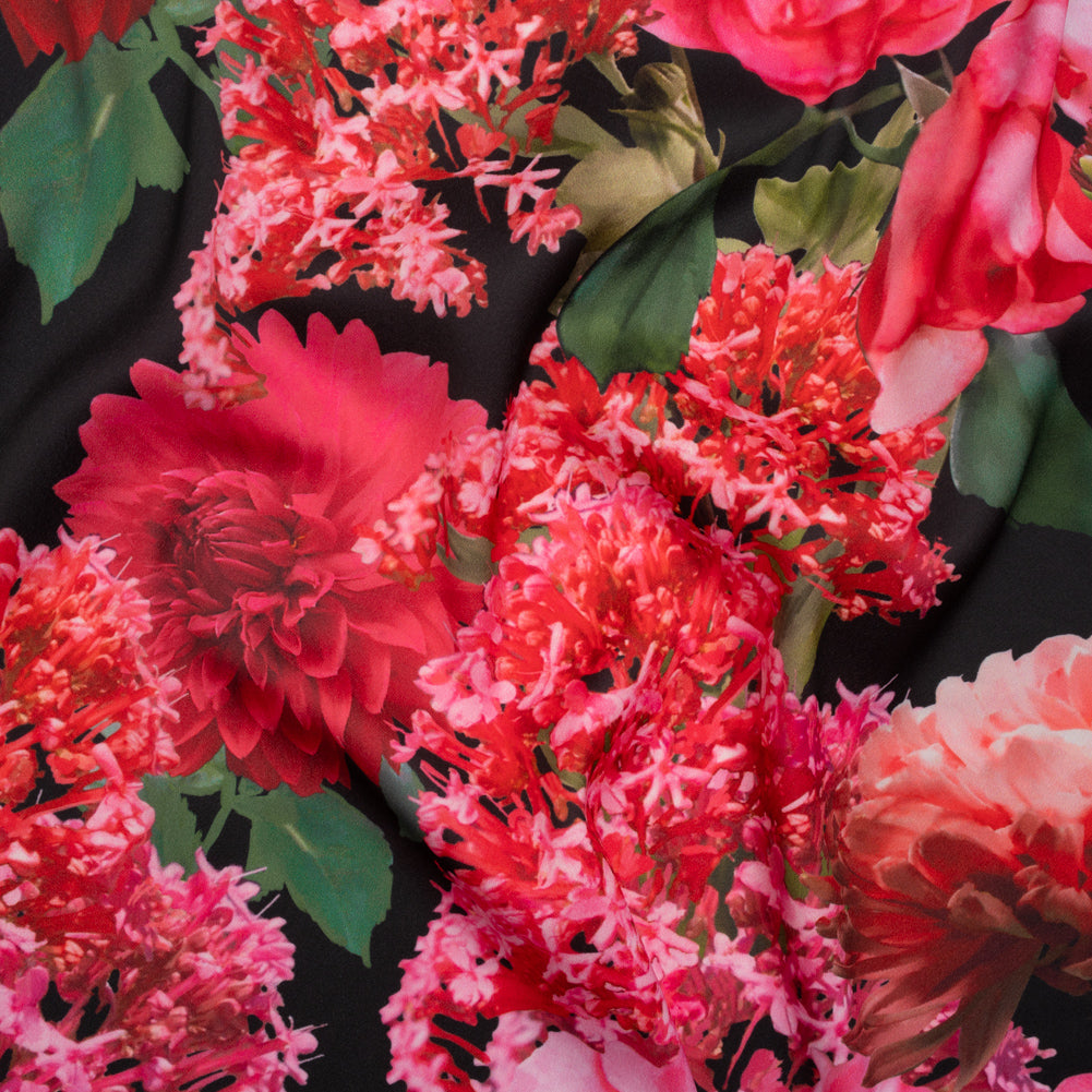 Polyester Crepe-Back Satin - Pink, Red and Black Floral - Mood Exclusive Chrysanthemum Clarity Print Polyester Crepe-Back Satin - Pink, Red and Black Floral - Mood Exclusive Chrysanthemum Clarity Print