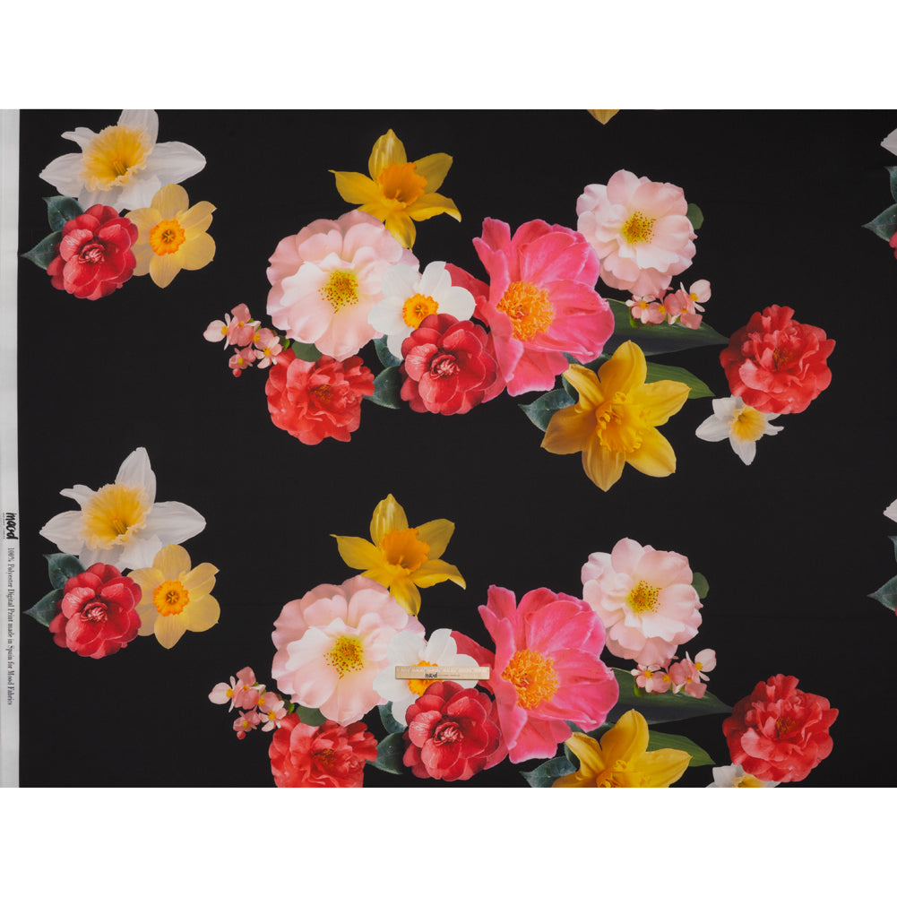 Polyester Crepe-Back Satin - Black, Yellow and Red Realistic Flowers - Mood Exclusive Photosynthesis Snapshot Print Polyester Crepe-Back Satin - Black, Yellow and Red Realistic Flowers - Mood Exclusive Photosynthesis Snapshot Print