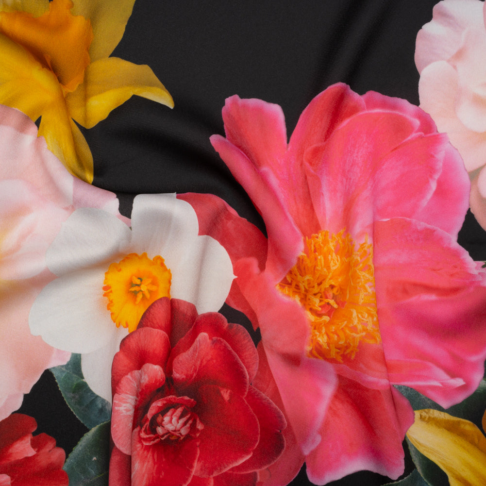 Polyester Crepe-Back Satin - Black, Yellow and Red Realistic Flowers - Mood Exclusive Photosynthesis Snapshot Print Polyester Crepe-Back Satin - Black, Yellow and Red Realistic Flowers - Mood Exclusive Photosynthesis Snapshot Print