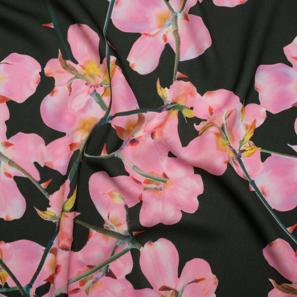 Polyester Crepe-Back Satin - Bright Pink and Black Floral - Mood Exclusive Sakura Whispers Print Polyester Crepe-Back Satin - Bright Pink and Black Floral - Mood Exclusive Sakura Whispers Print