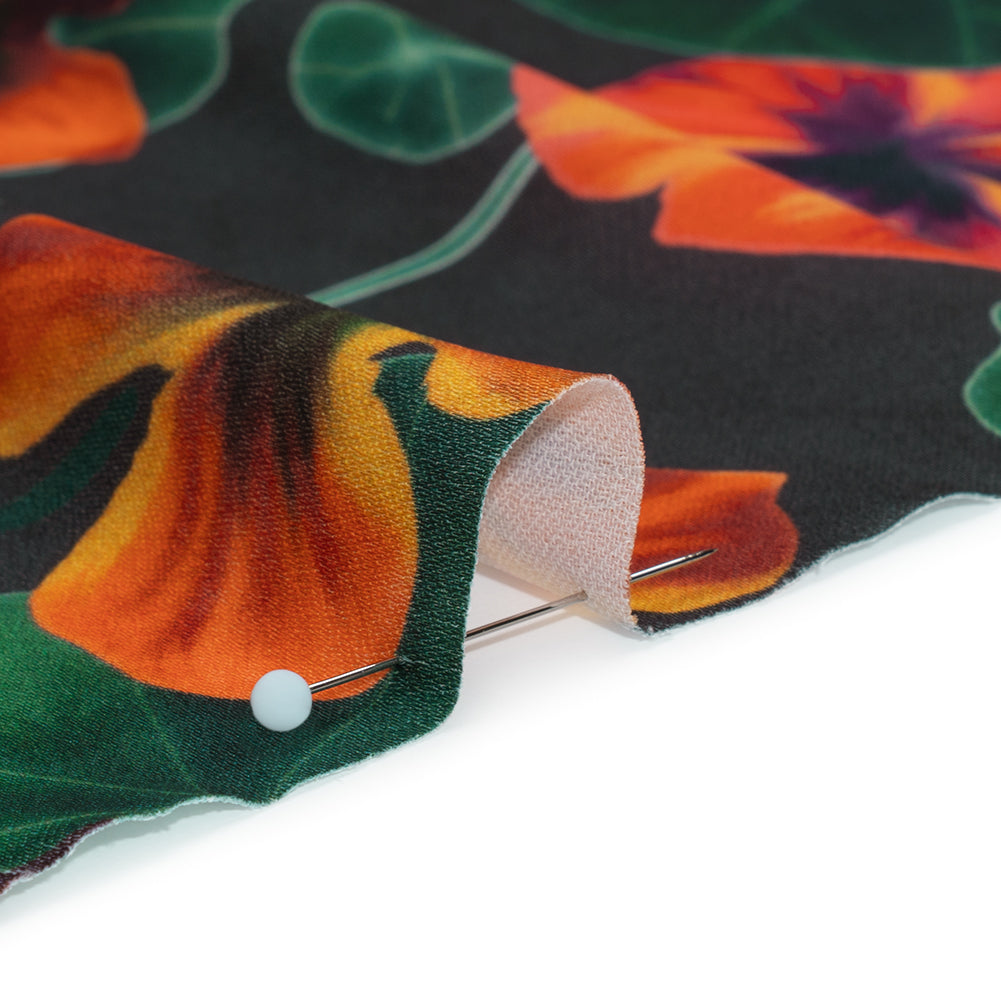 Polyester Crepe-Back Satin - Dark Green and Orange Flowers and Lily Pads - Mood Exclusive Climbing Crocus Print Polyester Crepe-Back Satin - Dark Green and Orange Flowers and Lily Pads - Mood Exclusive Climbing Crocus Print