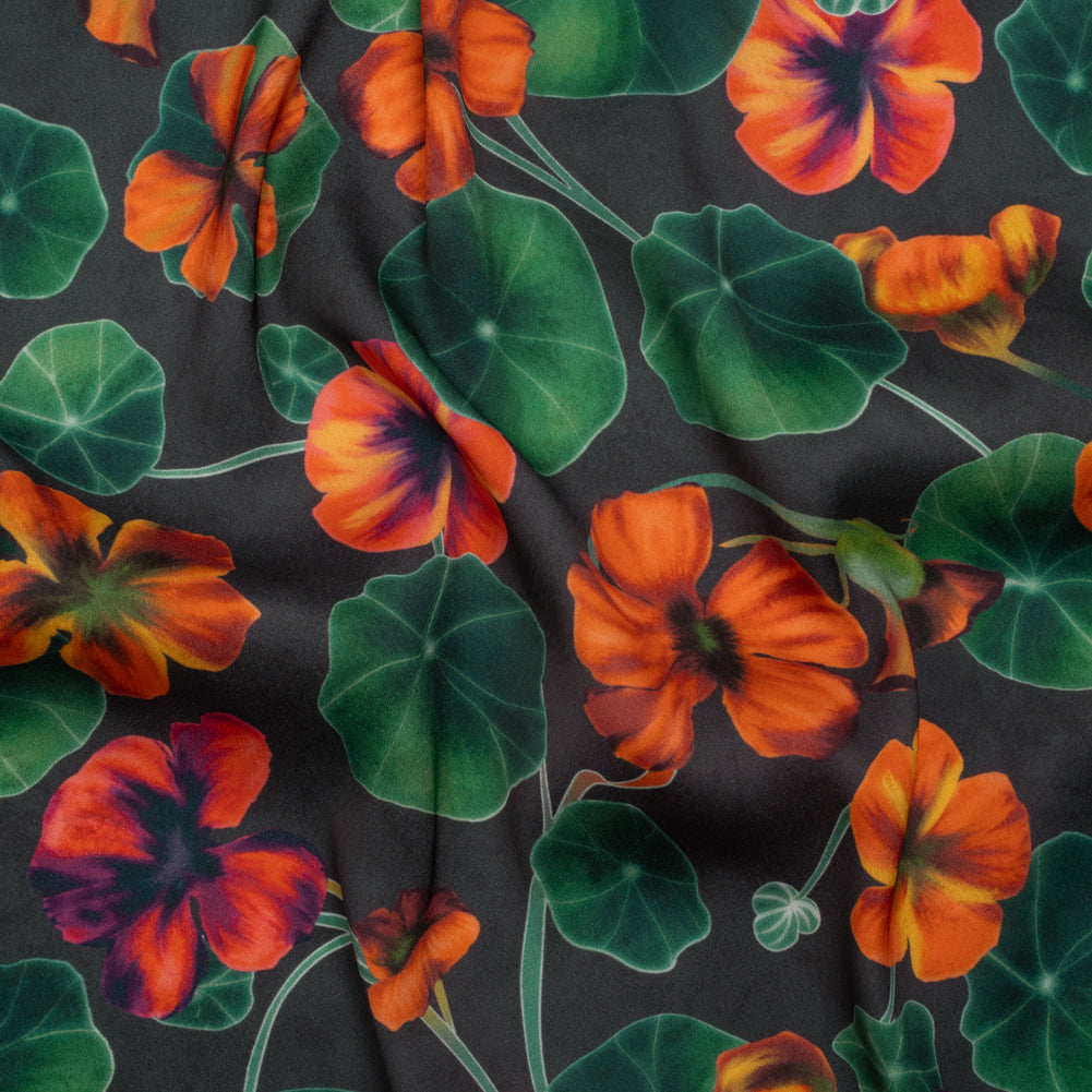 Polyester Crepe-Back Satin - Dark Green and Orange Flowers and Lily Pads - Mood Exclusive Climbing Crocus Print Polyester Crepe-Back Satin - Dark Green and Orange Flowers and Lily Pads - Mood Exclusive Climbing Crocus Print