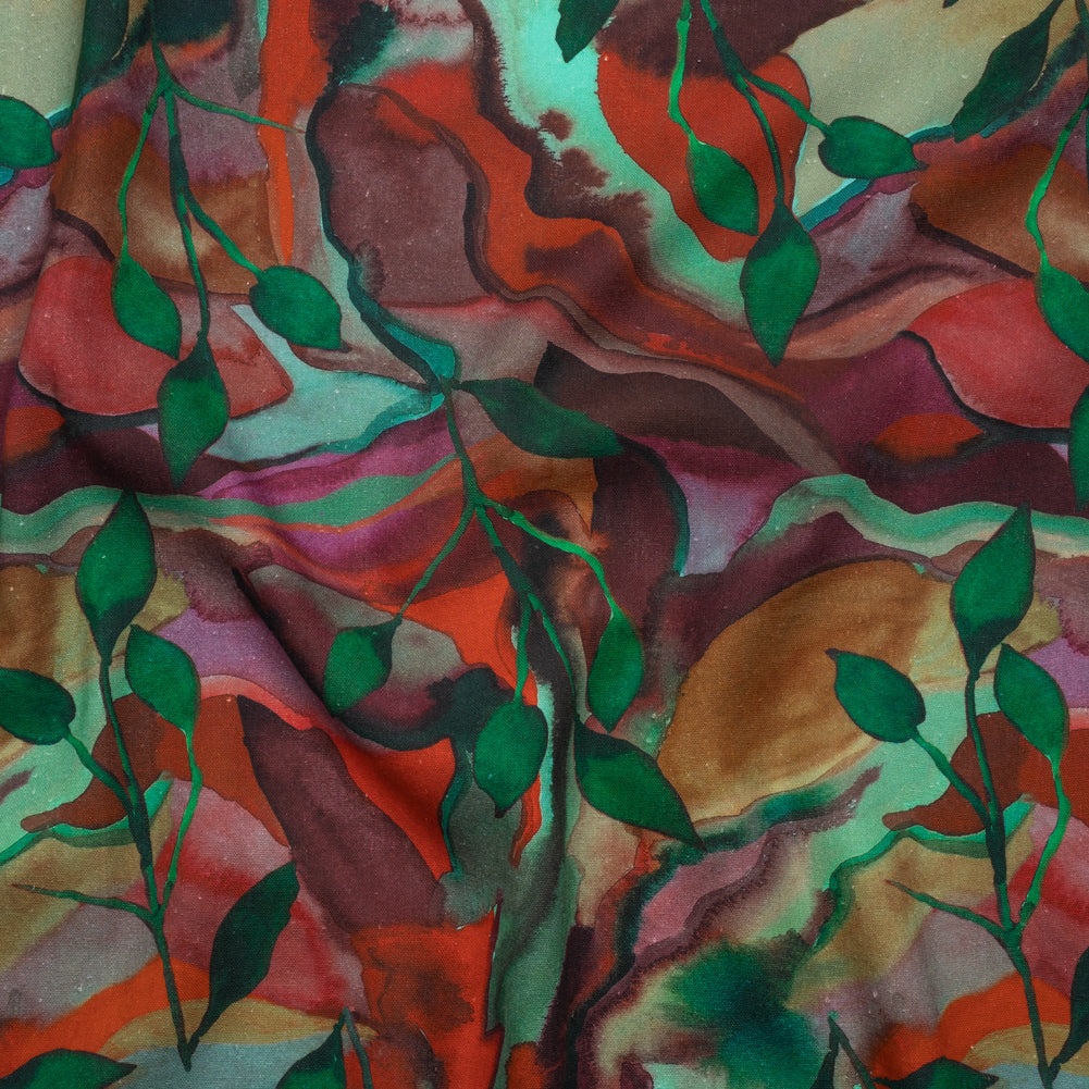 Linen and Rayon Woven - Wine Red and Green Painted Flowers and Leaves - Mood Exclusive Watercolor Wetland Print Linen and Rayon Woven - Wine Red and Green Painted Flowers and Leaves - Mood Exclusive Watercolor Wetland Print