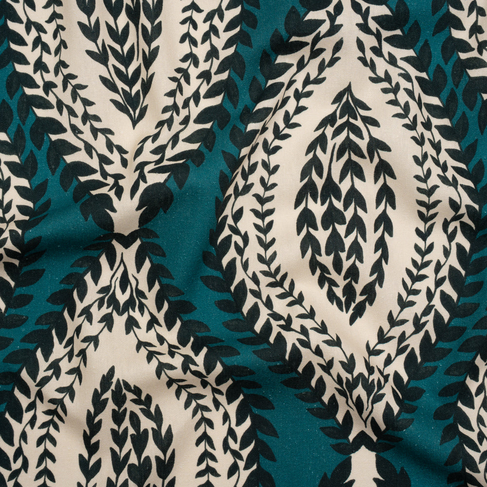 Linen and Rayon Woven - Teal, Navy and Cream Leafy Ogees - Mood Exclusive Lazy River Print Linen and Rayon Woven - Teal, Navy and Cream Leafy Ogees - Mood Exclusive Lazy River Print