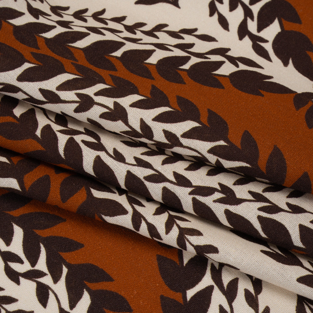 Linen and Rayon Woven - Burnt Orange, Brown and Cream Leafy Ogees - Mood Exclusive Lazy River Print Linen and Rayon Woven - Burnt Orange, Brown and Cream Leafy Ogees - Mood Exclusive Lazy River Print