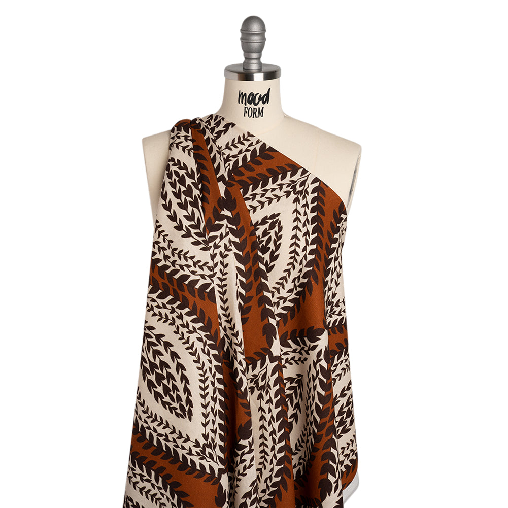 Linen and Rayon Woven - Burnt Orange, Brown and Cream Leafy Ogees - Mood Exclusive Lazy River Print Linen and Rayon Woven - Burnt Orange, Brown and Cream Leafy Ogees - Mood Exclusive Lazy River Print