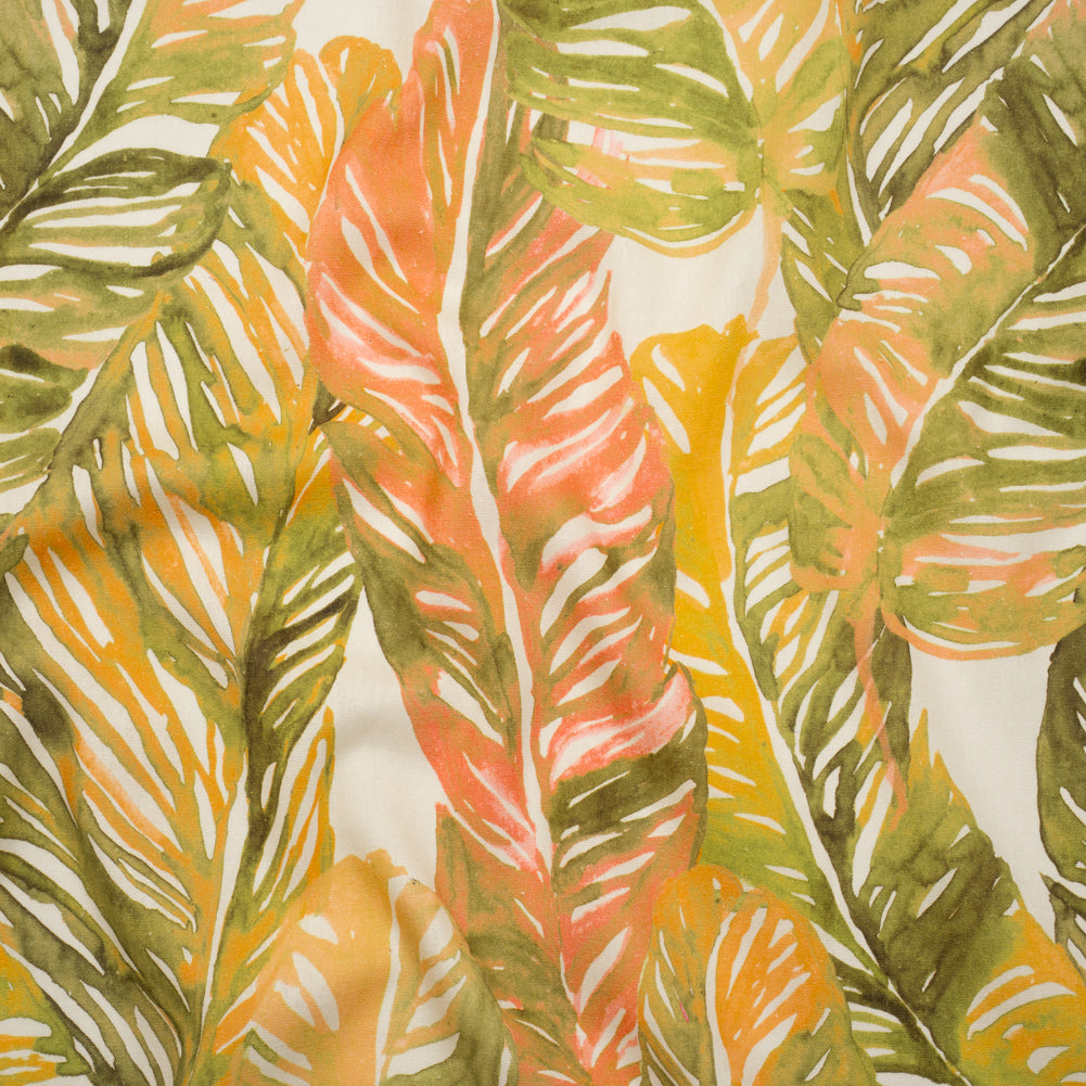 Linen and Rayon Woven - Green and Peach Tropical Leaves - Mood Exclusive Monsterosa Print Linen and Rayon Woven - Green and Peach Tropical Leaves - Mood Exclusive Monsterosa Print