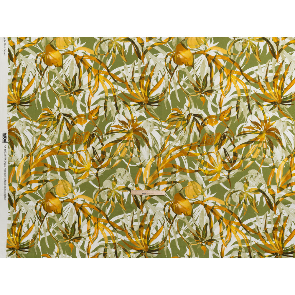 Linen and Rayon Woven - Grass Green and Yellow Overlapping Leaves - Mood Exclusive Vine Vista Print - Full Linen and Rayon Woven - Grass Green and Yellow Overlapping Leaves - Mood Exclusive Vine Vista Print - Full