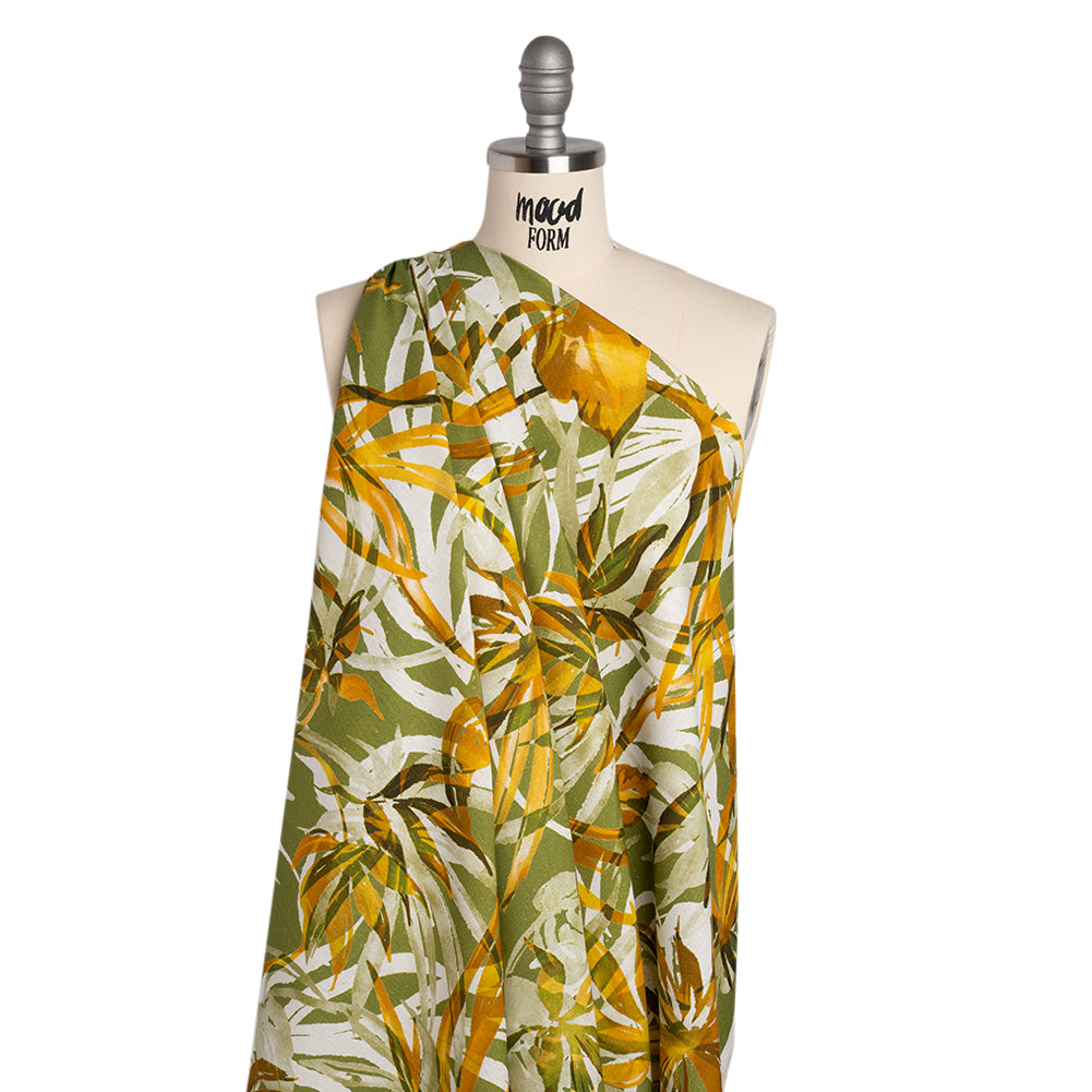 Linen and Rayon Woven - Grass Green and Yellow Overlapping Leaves - Mood Exclusive Vine Vista Print - Drape Linen and Rayon Woven - Grass Green and Yellow Overlapping Leaves - Mood Exclusive Vine Vista Print - Drape