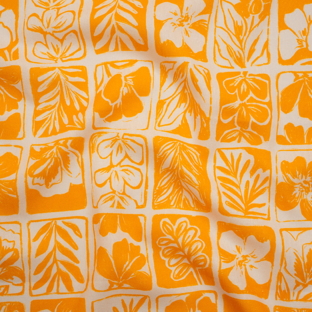 Linen and Rayon Woven - Sunshine Yellow and Cream Leaf and Flower Blocks - Mood Exclusive Terrarium Tendrils Print Linen and Rayon Woven - Sunshine Yellow and Cream Leaf and Flower Blocks - Mood Exclusive Terrarium Tendrils Print