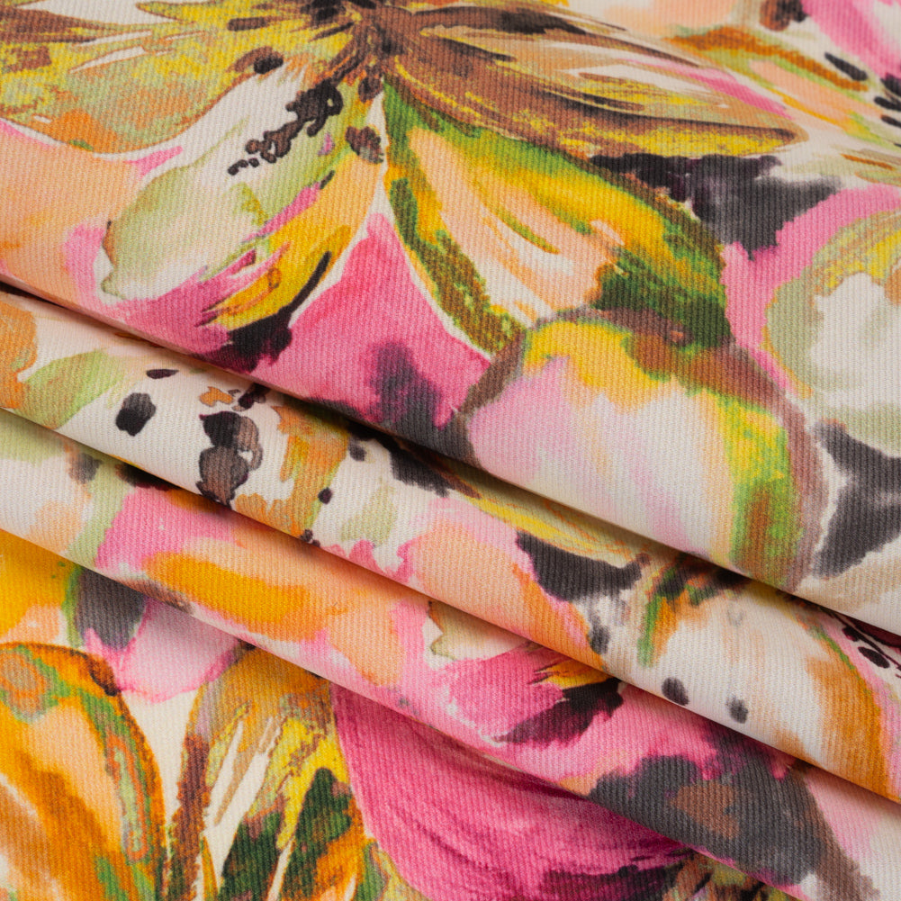 Peached Polyester Twill - Pink, Yellow and Black Watercolor Hibiscus - Mood Exclusive Hibiscus Haze Print Peached Polyester Twill - Pink, Yellow and Black Watercolor Hibiscus - Mood Exclusive Hibiscus Haze Print