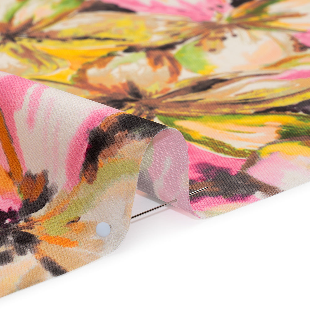 Peached Polyester Twill - Pink, Yellow and Black Watercolor Hibiscus - Mood Exclusive Hibiscus Haze Print Peached Polyester Twill - Pink, Yellow and Black Watercolor Hibiscus - Mood Exclusive Hibiscus Haze Print