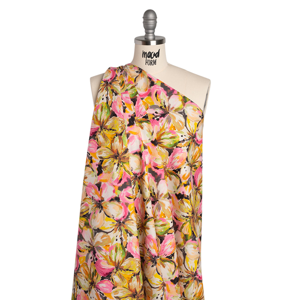 Peached Polyester Twill - Pink, Yellow and Black Watercolor Hibiscus - Mood Exclusive Hibiscus Haze Print Peached Polyester Twill - Pink, Yellow and Black Watercolor Hibiscus - Mood Exclusive Hibiscus Haze Print
