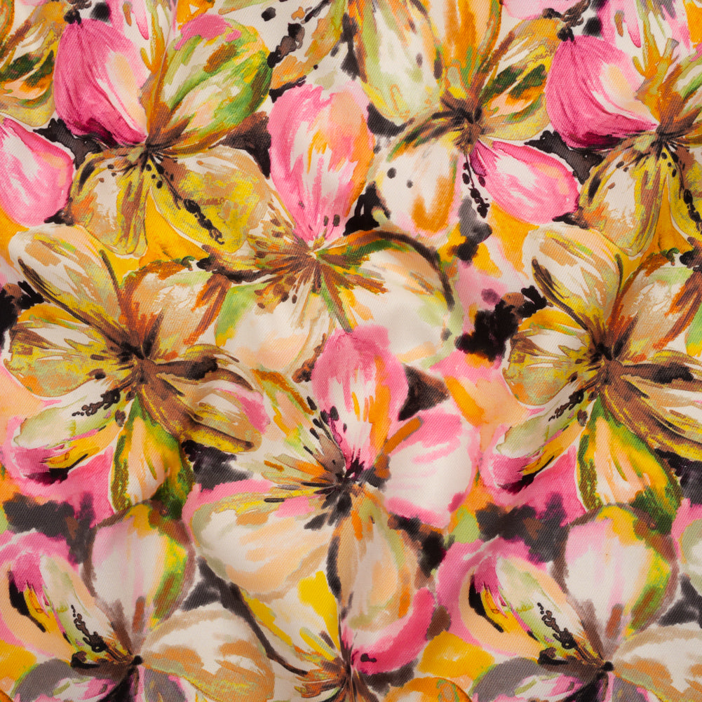 Peached Polyester Twill - Pink, Yellow and Black Watercolor Hibiscus - Mood Exclusive Hibiscus Haze Print Peached Polyester Twill - Pink, Yellow and Black Watercolor Hibiscus - Mood Exclusive Hibiscus Haze Print