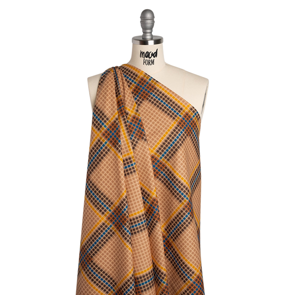 Peached Polyester Twill - Brown, Blue and Yellow Plaid - Mood Exclusive Plot Point Print Peached Polyester Twill - Brown, Blue and Yellow Plaid - Mood Exclusive Plot Point Print