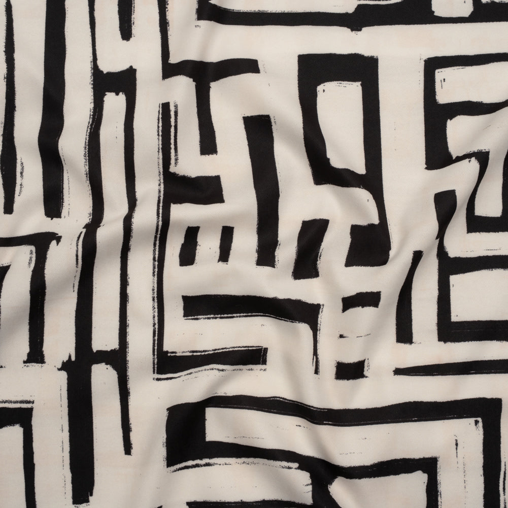 Peached Polyester Twill - Black and White Geometric Painting - Mood Exclusive Mobius Maze Print Peached Polyester Twill - Black and White Geometric Painting - Mood Exclusive Mobius Maze Print
