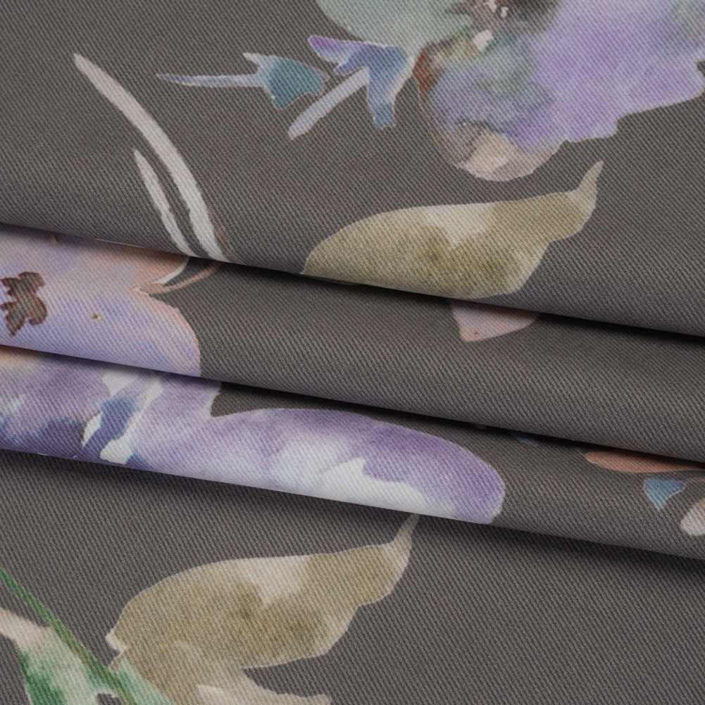 Peached Polyester Twill - Gray, Peach and Lilac Watercolor Flowers - Mood Exclusive Meadow Musings Print Peached Polyester Twill - Gray, Peach and Lilac Watercolor Flowers - Mood Exclusive Meadow Musings Print
