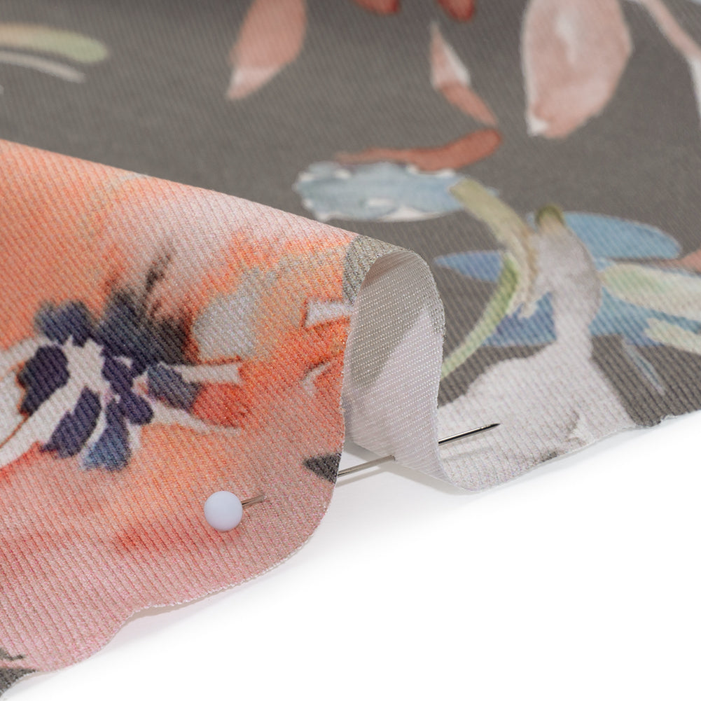 Peached Polyester Twill - Gray, Peach and Lilac Watercolor Flowers - Mood Exclusive Meadow Musings Print Peached Polyester Twill - Gray, Peach and Lilac Watercolor Flowers - Mood Exclusive Meadow Musings Print