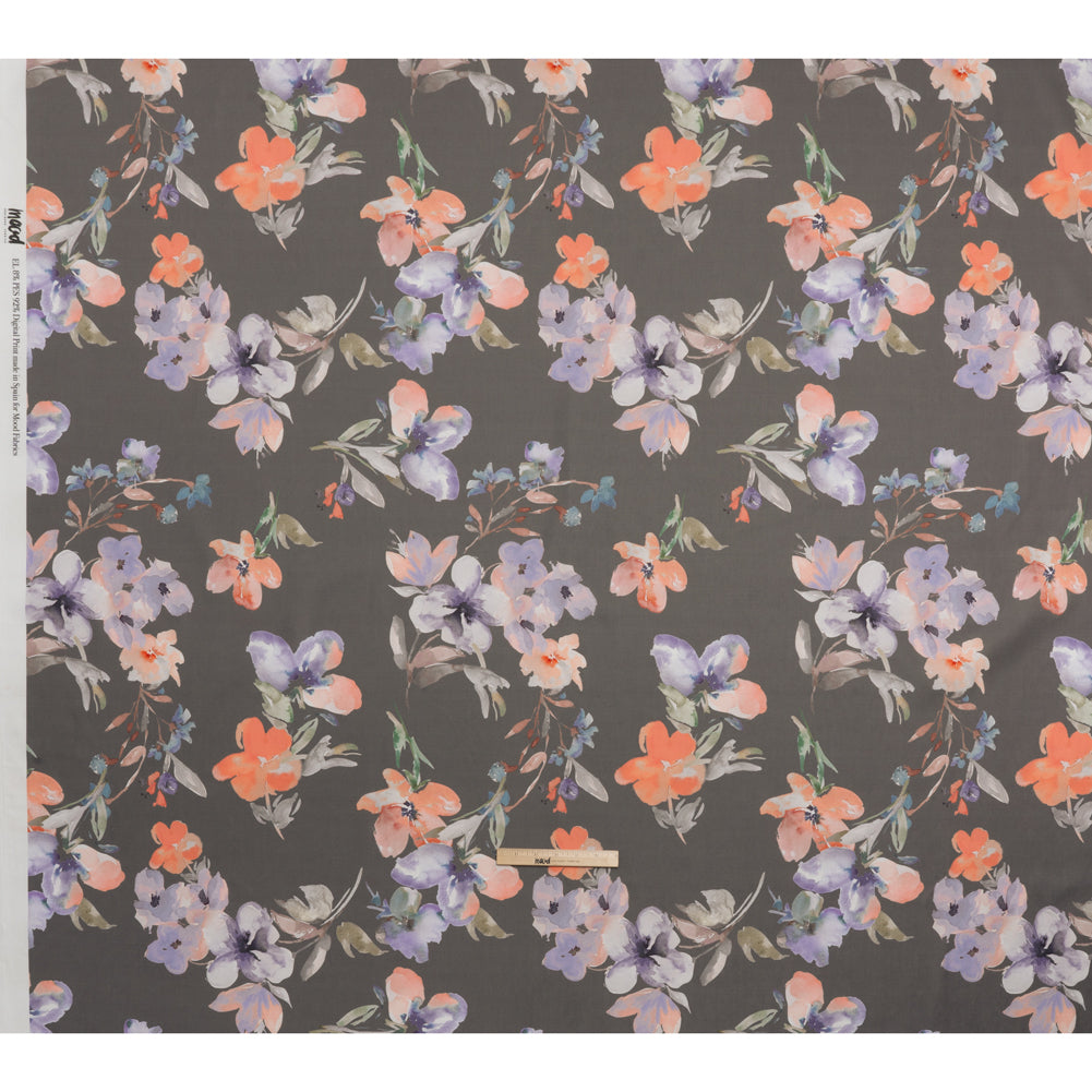 Peached Polyester Twill - Gray, Peach and Lilac Watercolor Flowers - Mood Exclusive Meadow Musings Print Peached Polyester Twill - Gray, Peach and Lilac Watercolor Flowers - Mood Exclusive Meadow Musings Print