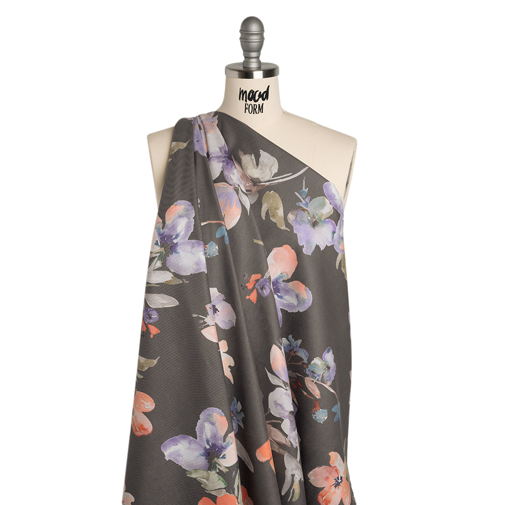 Peached Polyester Twill - Gray, Peach and Lilac Watercolor Flowers - Mood Exclusive Meadow Musings Print Peached Polyester Twill - Gray, Peach and Lilac Watercolor Flowers - Mood Exclusive Meadow Musings Print