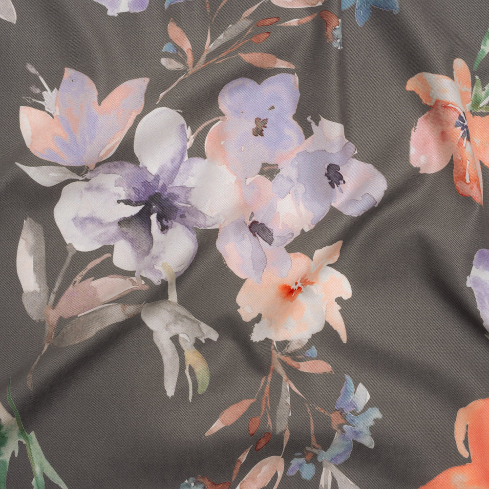 Peached Polyester Twill - Gray, Peach and Lilac Watercolor Flowers - Mood Exclusive Meadow Musings Print Peached Polyester Twill - Gray, Peach and Lilac Watercolor Flowers - Mood Exclusive Meadow Musings Print