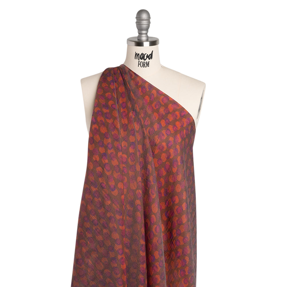 Viscose and Polyester Crepe Organza - Brown, Orange and Purple Overlapping Polka Dots - Mood Exclusive Confetti Kaleidoscope Print - Drape Viscose and Polyester Crepe Organza - Brown, Orange and Purple Overlapping Polka Dots - Mood Exclusive Confetti Kaleidoscope Print - Drape