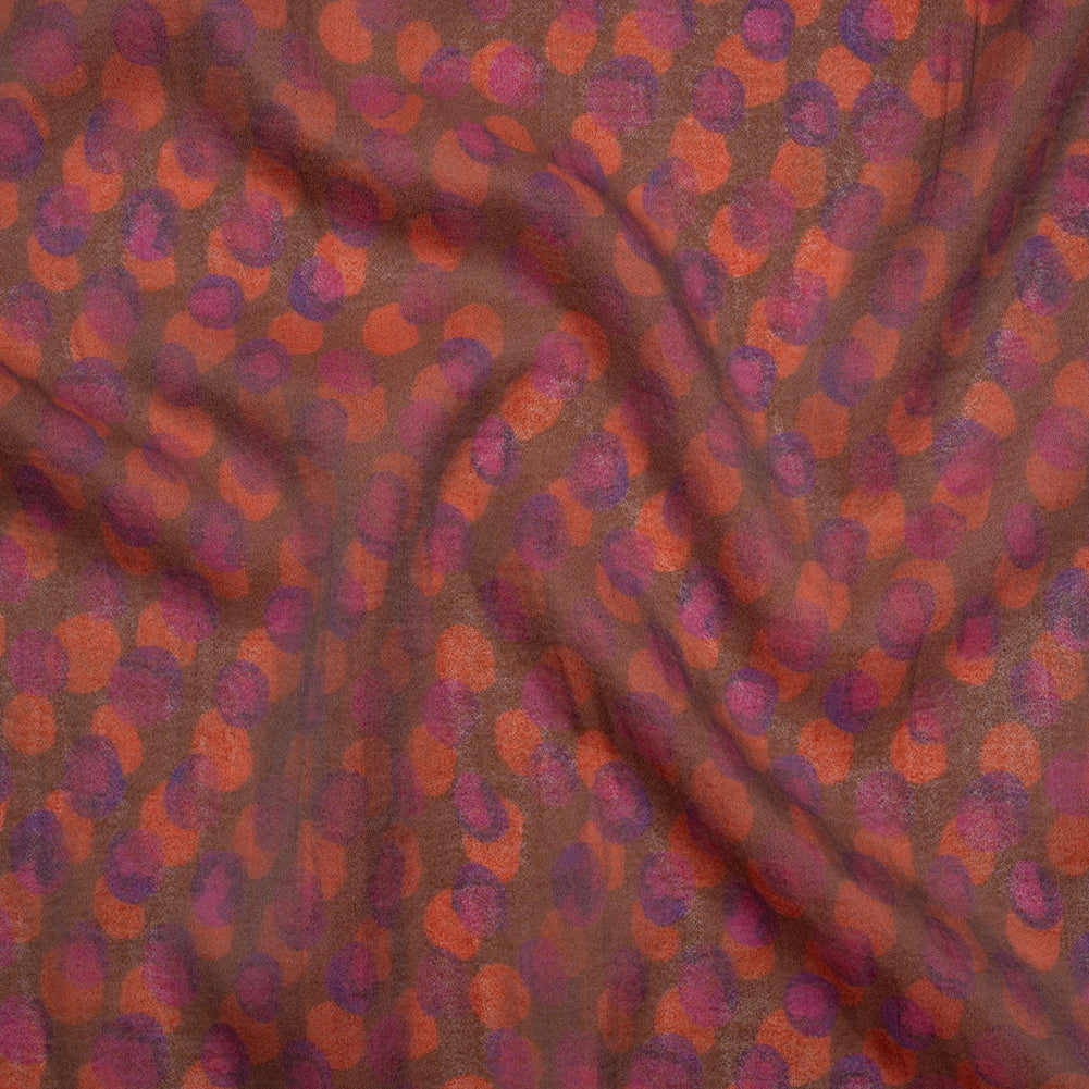 Viscose and Polyester Crepe Organza - Brown, Orange and Purple Overlapping Polka Dots - Mood Exclusive Confetti Kaleidoscope Print Viscose and Polyester Crepe Organza - Brown, Orange and Purple Overlapping Polka Dots - Mood Exclusive Confetti Kaleidoscope Print