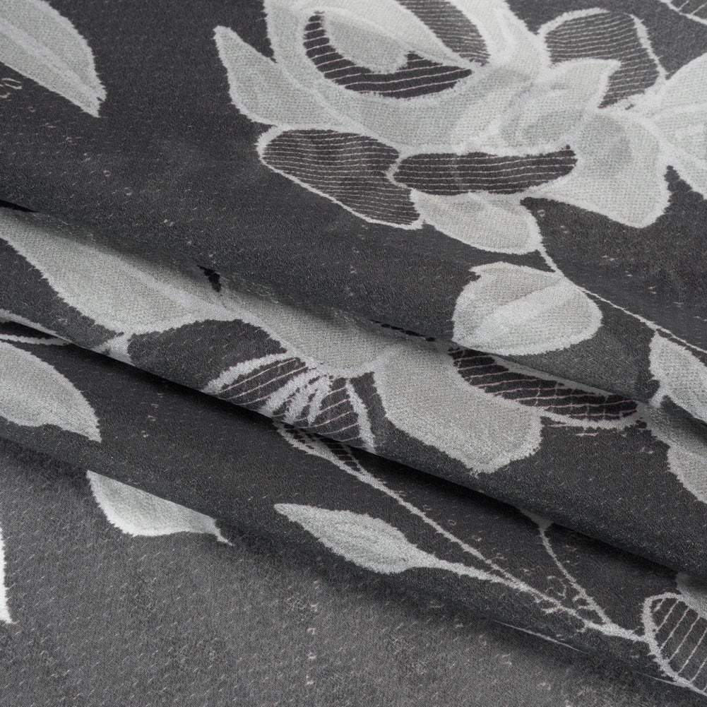 Viscose and Polyester Crepe Organza - Charcoal and Silver Roses - Mood Exclusive Sweet Morning Fog Print - Folded Viscose and Polyester Crepe Organza - Charcoal and Silver Roses - Mood Exclusive Sweet Morning Fog Print - Folded