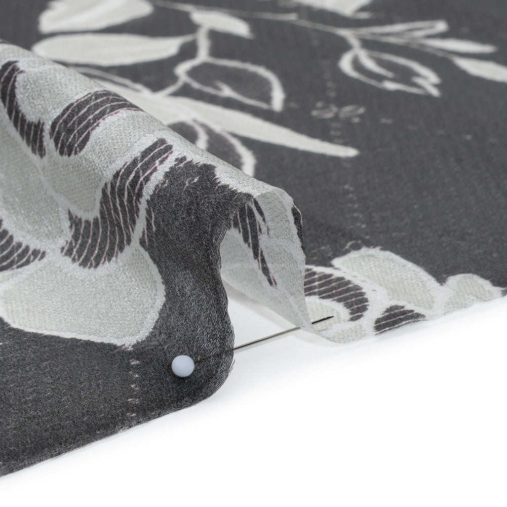 Viscose and Polyester Crepe Organza - Charcoal and Silver Roses - Mood Exclusive Sweet Morning Fog Print - Detail Viscose and Polyester Crepe Organza - Charcoal and Silver Roses - Mood Exclusive Sweet Morning Fog Print - Detail