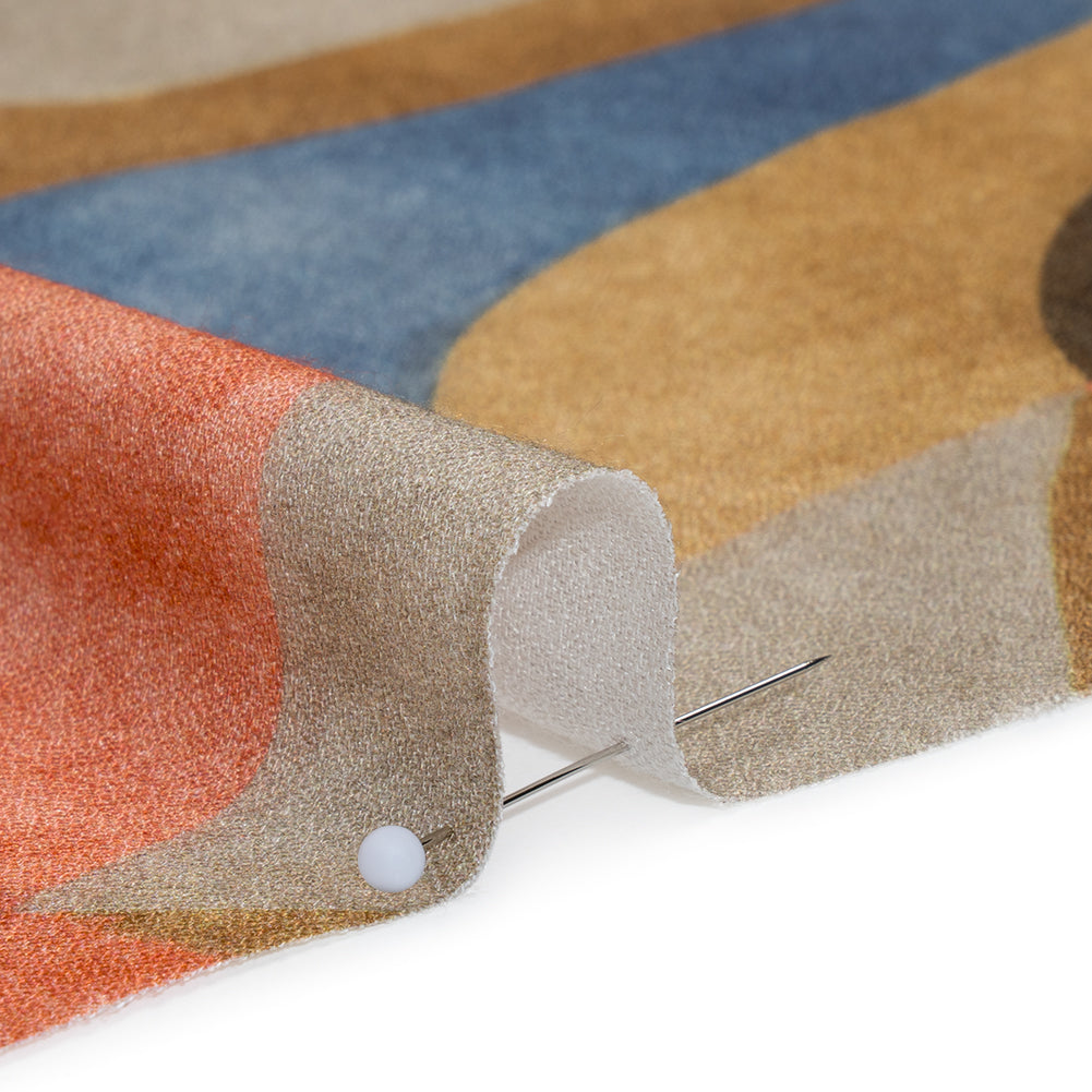 Viscose Crepe - Tan, Rose Coral and Muted Blue Abstract Shapes - Mood Exclusive Drifting Intentions Print - Detail Viscose Crepe - Tan, Rose Coral and Muted Blue Abstract Shapes - Mood Exclusive Drifting Intentions Print - Detail