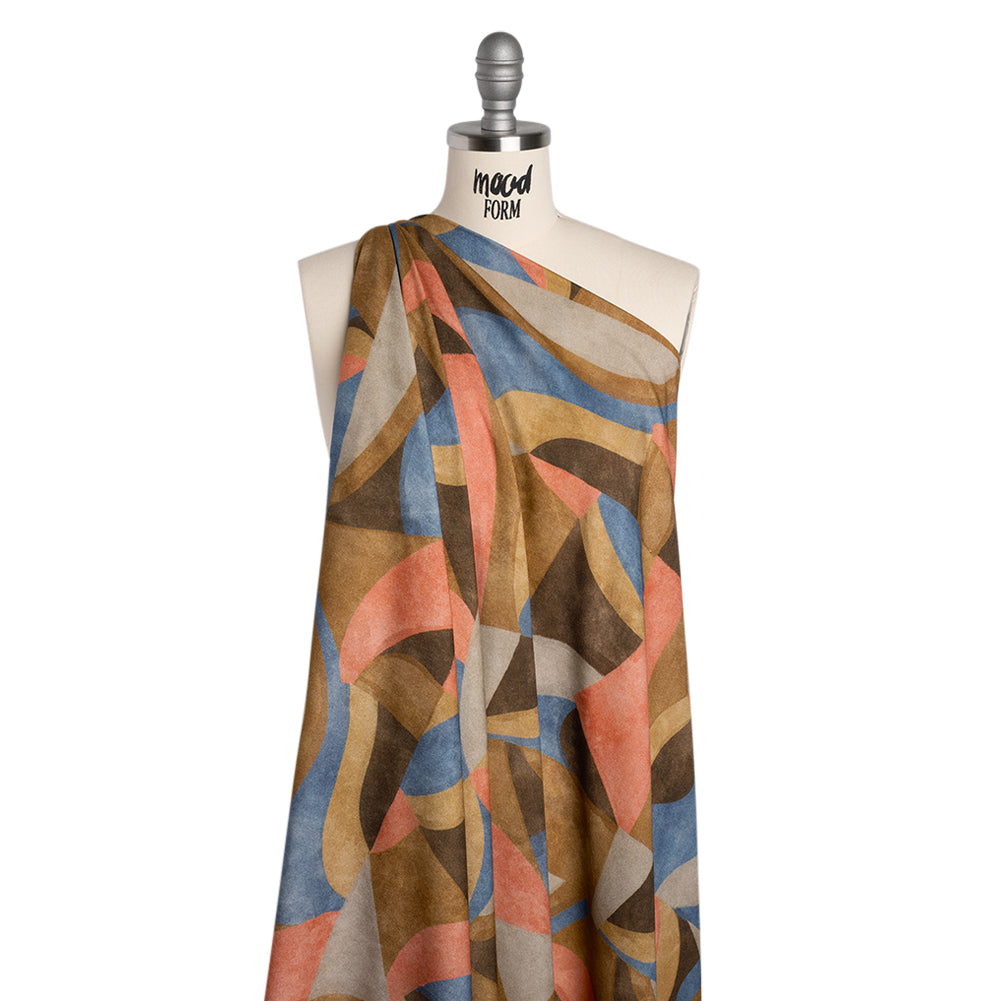 Viscose Crepe - Tan, Rose Coral and Muted Blue Abstract Shapes - Mood Exclusive Drifting Intentions Print - Drape Viscose Crepe - Tan, Rose Coral and Muted Blue Abstract Shapes - Mood Exclusive Drifting Intentions Print - Drape