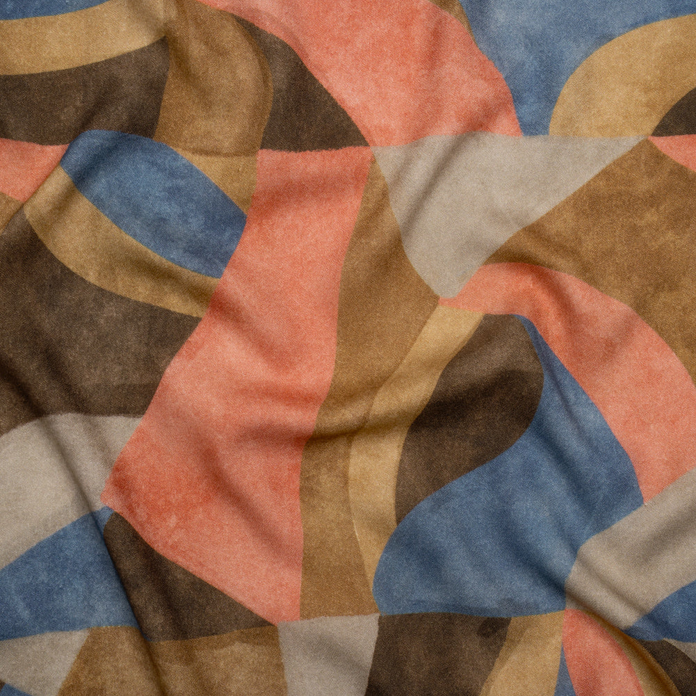 Viscose Crepe - Tan, Rose Coral and Muted Blue Abstract Shapes - Mood Exclusive Drifting Intentions Print Viscose Crepe - Tan, Rose Coral and Muted Blue Abstract Shapes - Mood Exclusive Drifting Intentions Print
