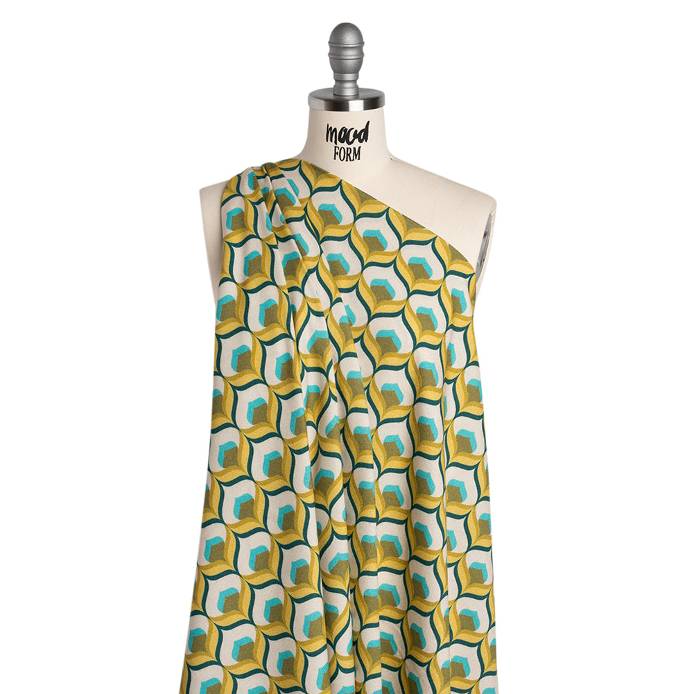 Viscose Crepe - Yellow, Turquoise and Cream Retro Ogees - Mood Exclusive Botanical Breeze Print - Drape Viscose Crepe - Yellow, Turquoise and Cream Retro Ogees - Mood Exclusive Botanical Breeze Print - Drape