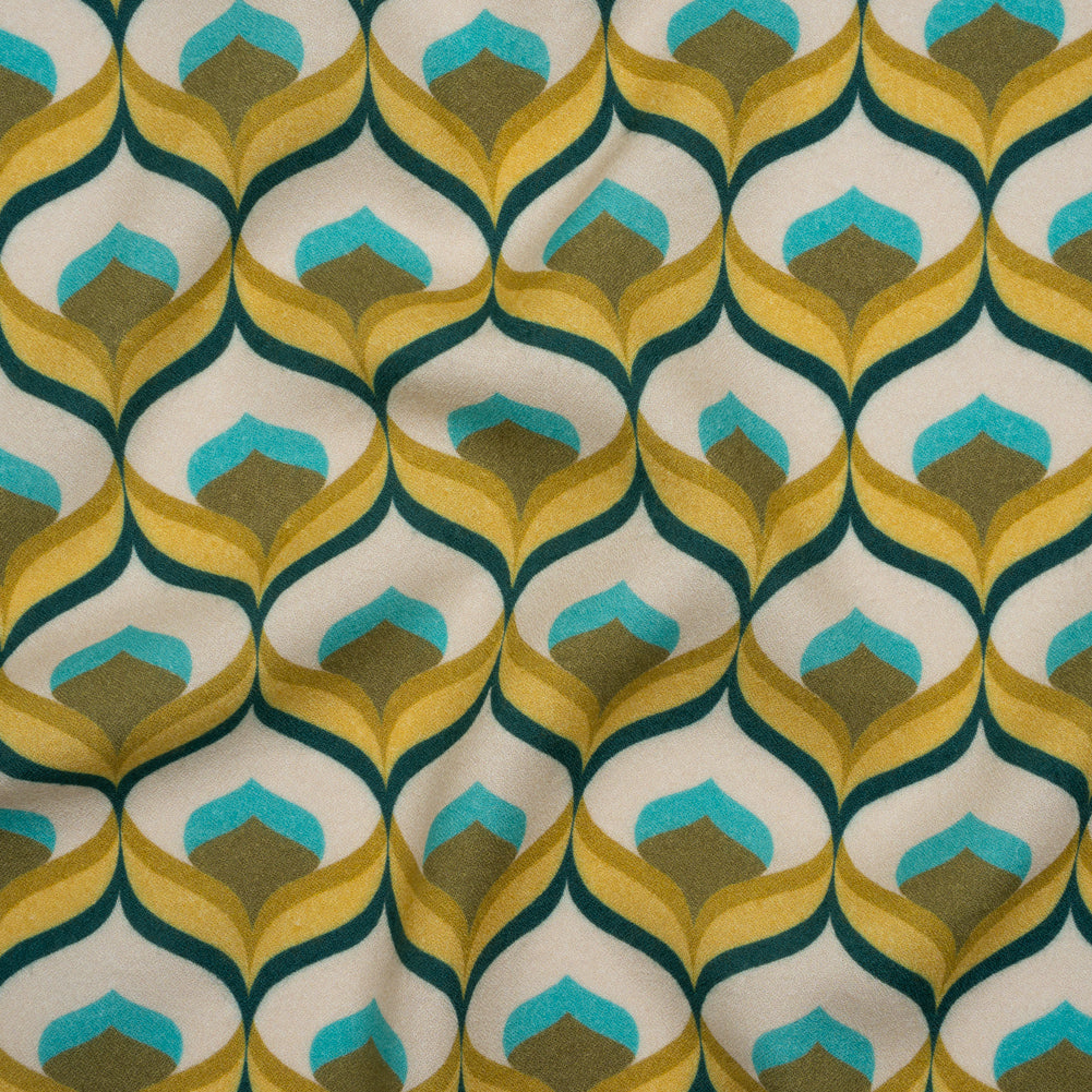 Viscose Crepe - Yellow, Turquoise and Cream Retro Ogees - Mood Exclusive Botanical Breeze Print Viscose Crepe - Yellow, Turquoise and Cream Retro Ogees - Mood Exclusive Botanical Breeze Print