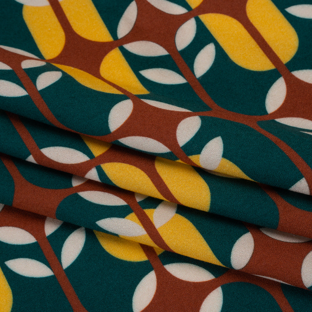 Viscose Crepe - Dark Teal, Yellow and Russet Brown Retro Geometric - Mood Exclusive Mod Logic Print Folded Viscose Crepe - Dark Teal, Yellow and Russet Brown Retro Geometric - Mood Exclusive Mod Logic Print Folded