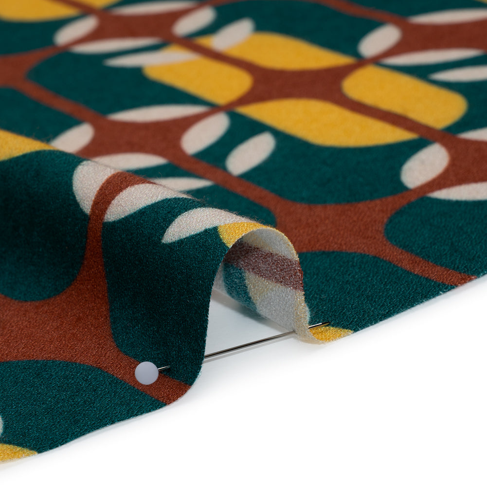 Viscose Crepe - Dark Teal, Yellow and Russet Brown Retro Geometric - Mood Exclusive Mod Logic Print Detail Viscose Crepe - Dark Teal, Yellow and Russet Brown Retro Geometric - Mood Exclusive Mod Logic Print Detail