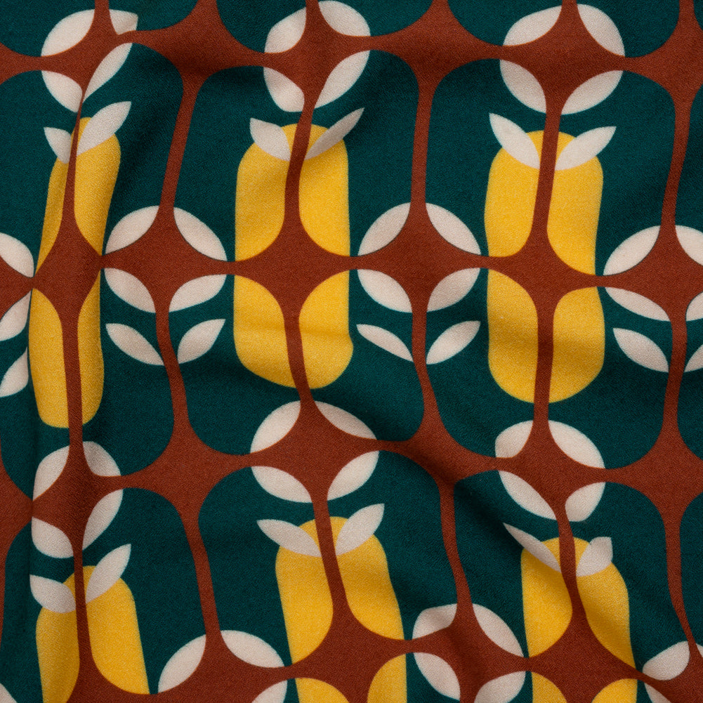 Viscose Crepe - Dark Teal, Yellow and Russet Brown Retro Geometric - Mood Exclusive Mod Logic Print Viscose Crepe - Dark Teal, Yellow and Russet Brown Retro Geometric - Mood Exclusive Mod Logic Print