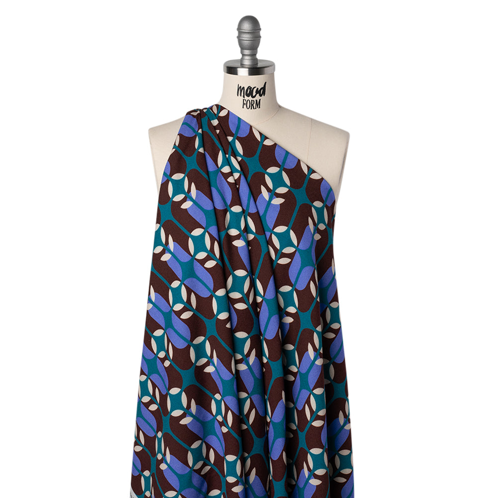 Viscose Crepe - Chocolate Brown, Blue and Teal Retro Geometric - Mood Exclusive Mod Logic Print - Drape Viscose Crepe - Chocolate Brown, Blue and Teal Retro Geometric - Mood Exclusive Mod Logic Print - Drape