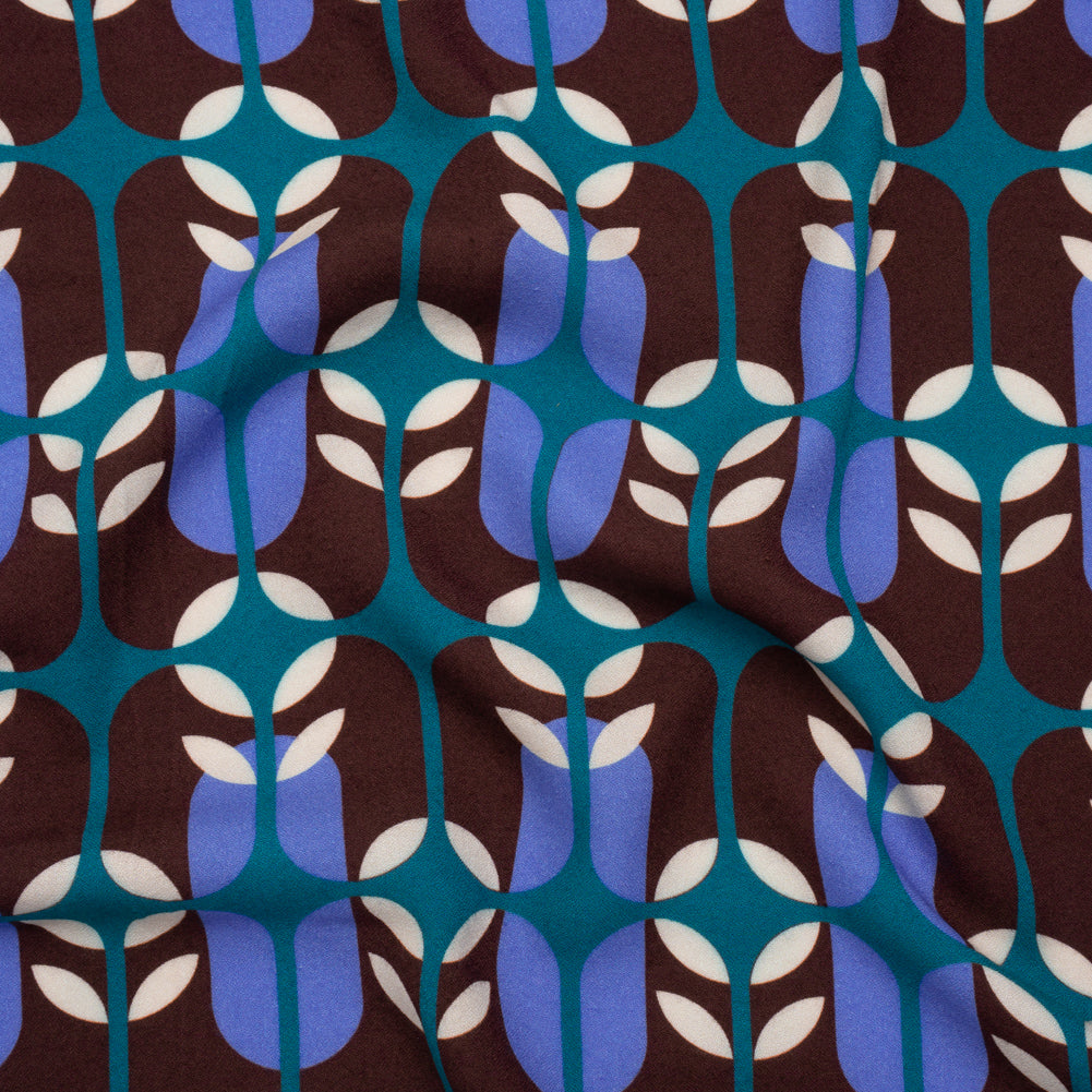 Viscose Crepe - Chocolate Brown, Blue and Teal Retro Geometric - Mood Exclusive Mod Logic Print Viscose Crepe - Chocolate Brown, Blue and Teal Retro Geometric - Mood Exclusive Mod Logic Print