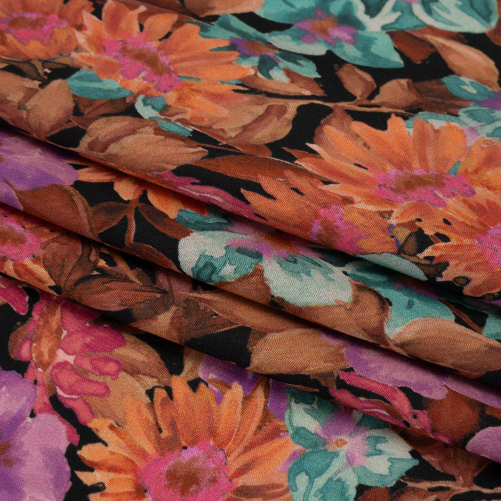 Rayon Challis - Brown, Purple and Blue Green Painted Flowers - Mood Exclusive Watercolor Wonderland Print Rayon Challis - Brown, Purple and Blue Green Painted Flowers - Mood Exclusive Watercolor Wonderland Print