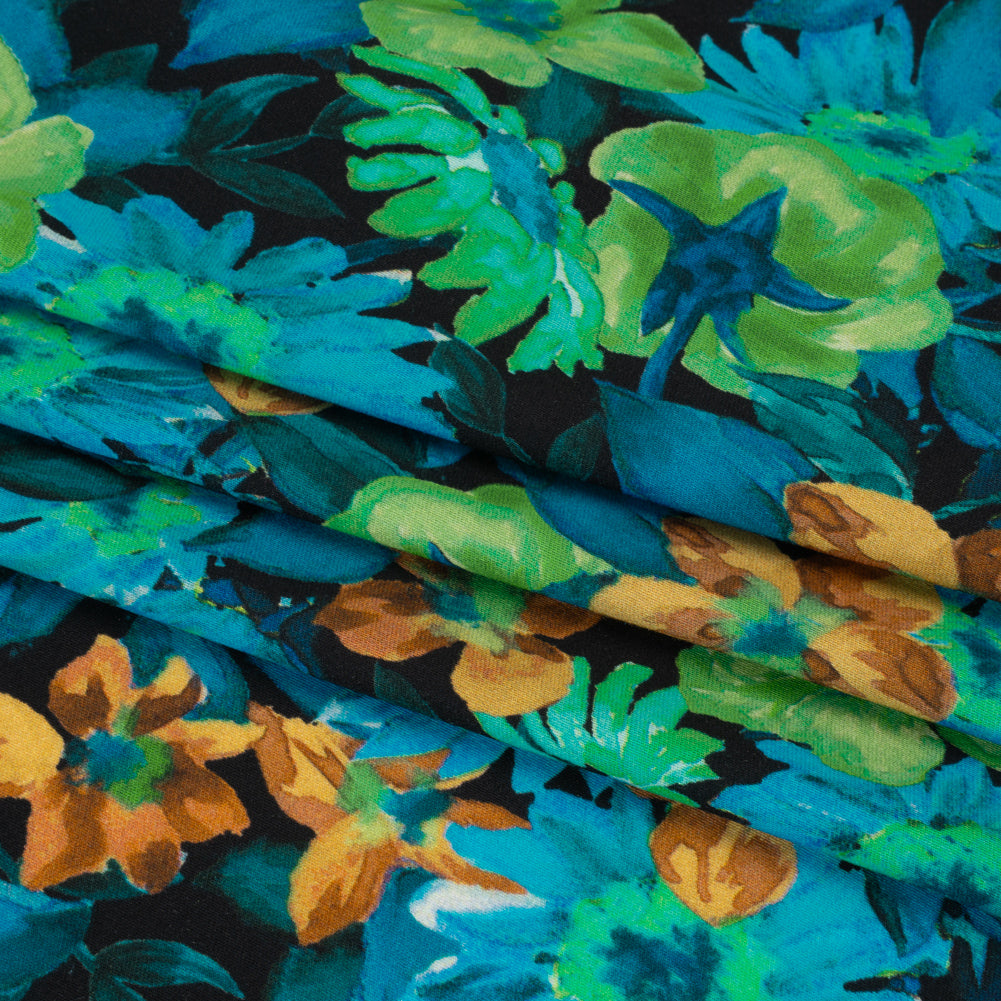 Rayon Challis - Blue, Green and Gold Painted Flowers - Mood Exclusive Watercolor Wonderland Print Rayon Challis - Blue, Green and Gold Painted Flowers - Mood Exclusive Watercolor Wonderland Print