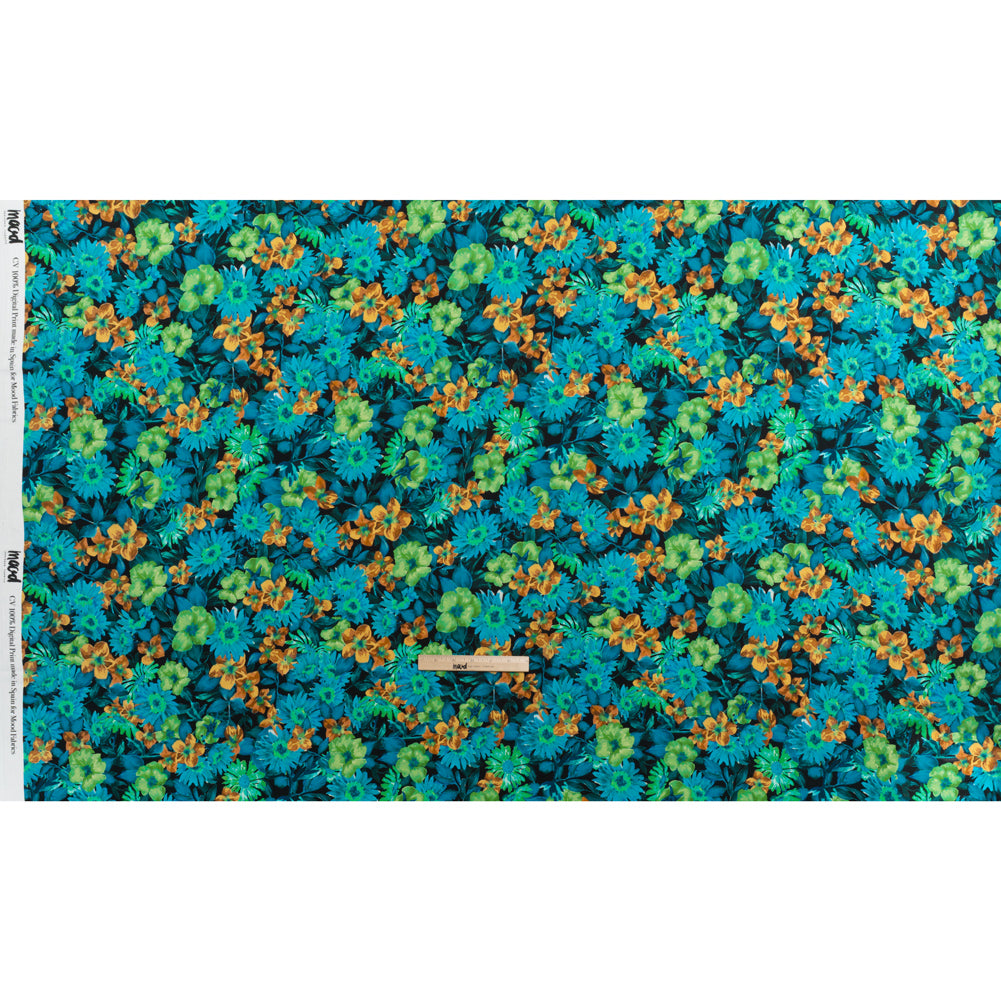 Rayon Challis - Blue, Green and Gold Painted Flowers - Mood Exclusive Watercolor Wonderland Print Rayon Challis - Blue, Green and Gold Painted Flowers - Mood Exclusive Watercolor Wonderland Print