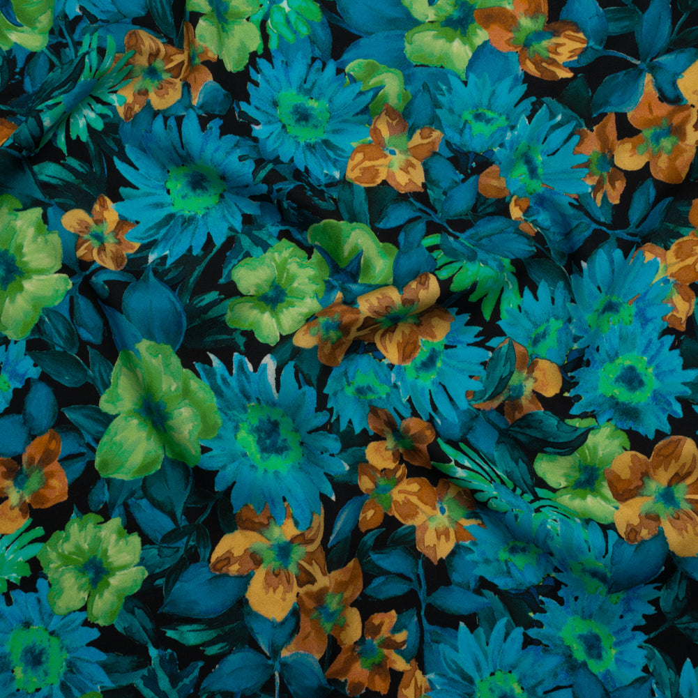 Rayon Challis - Blue, Green and Gold Painted Flowers - Mood Exclusive Watercolor Wonderland Print Rayon Challis - Blue, Green and Gold Painted Flowers - Mood Exclusive Watercolor Wonderland Print
