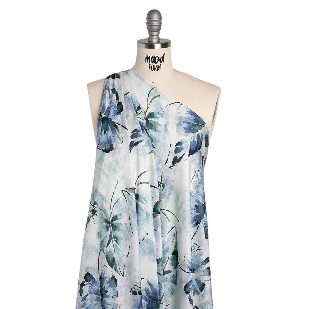 Rayon Challis - Dark Blue and Hunter Green Watercolor Leaves - Mood Exclusive Whispering Waterfall Print - Drape Rayon Challis - Dark Blue and Hunter Green Watercolor Leaves - Mood Exclusive Whispering Waterfall Print - Drape