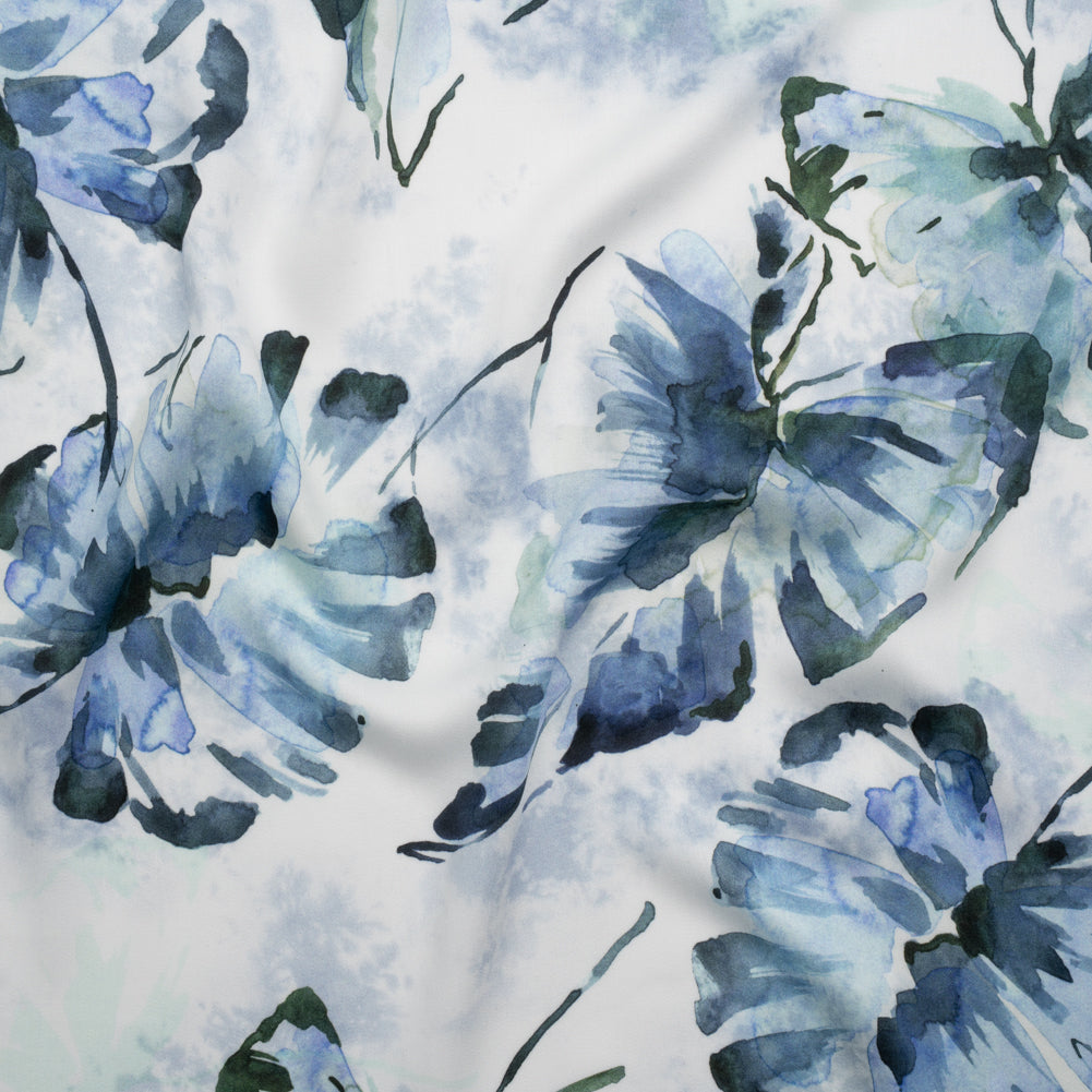 Rayon Challis - Dark Blue and Hunter Green Watercolor Leaves - Mood Exclusive Whispering Waterfall Print Rayon Challis - Dark Blue and Hunter Green Watercolor Leaves - Mood Exclusive Whispering Waterfall Print