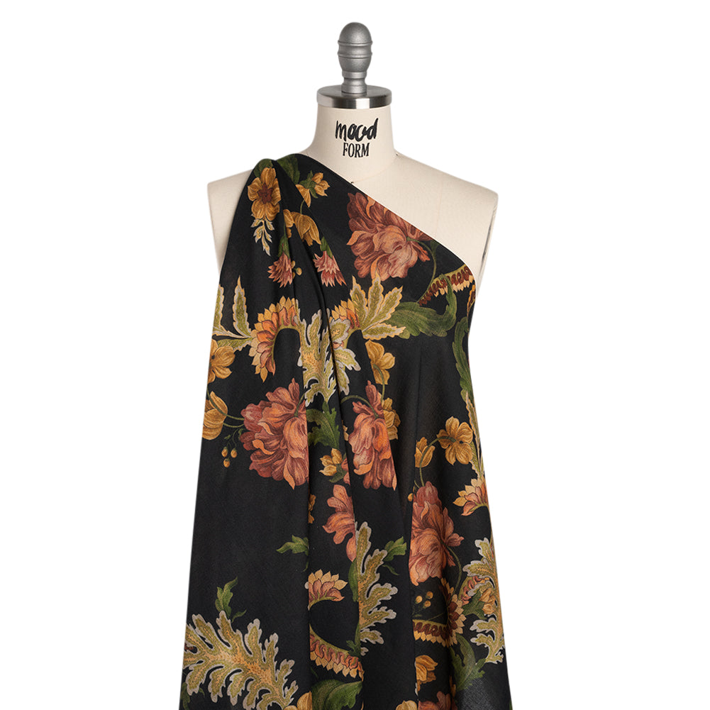 Cotton Crepe - Black, Dark Red and Golden Ochre Moody Florals - Mood Exclusive Rose Renaissance Print Cotton Crepe - Black, Dark Red and Golden Ochre Moody Florals - Mood Exclusive Rose Renaissance Print