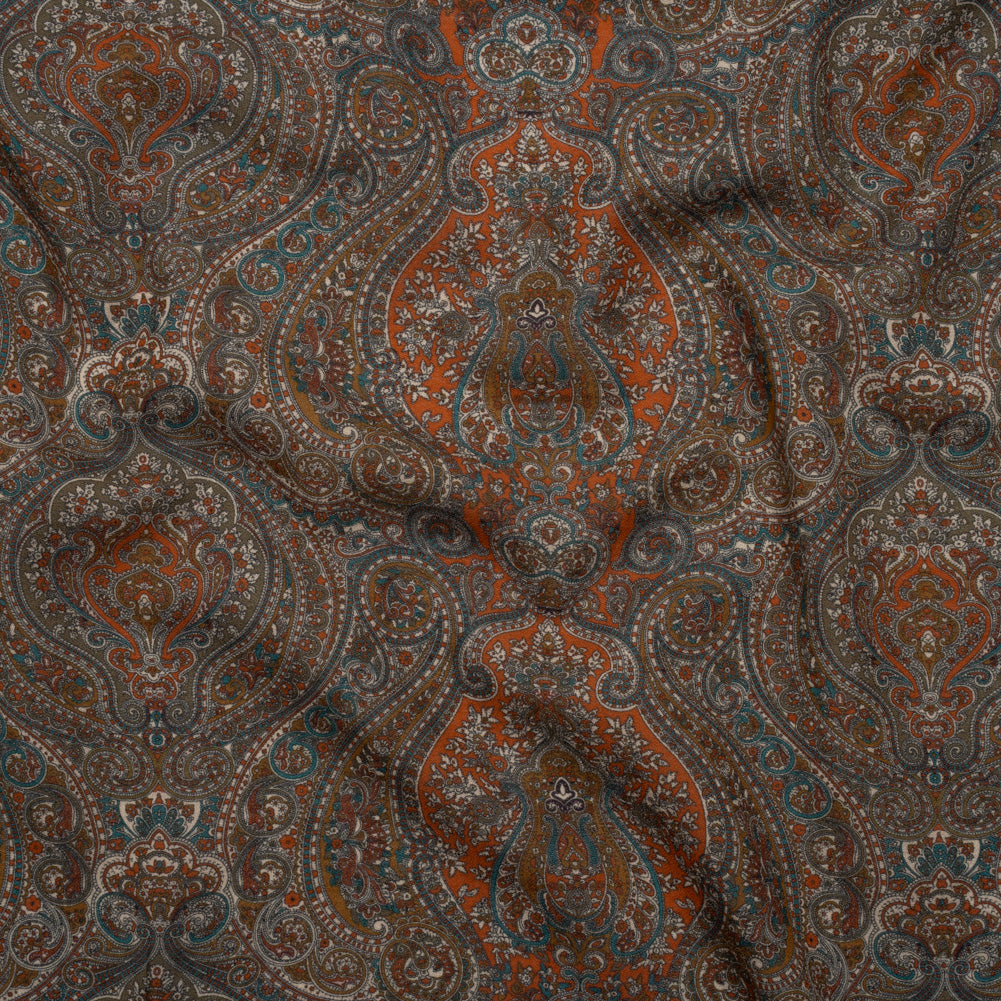 Cotton Crepe - Dark Orange, Blue and Brown Paisley - Mood Exclusive Filigree Flow Print Cotton Crepe - Dark Orange, Blue and Brown Paisley - Mood Exclusive Filigree Flow Print
