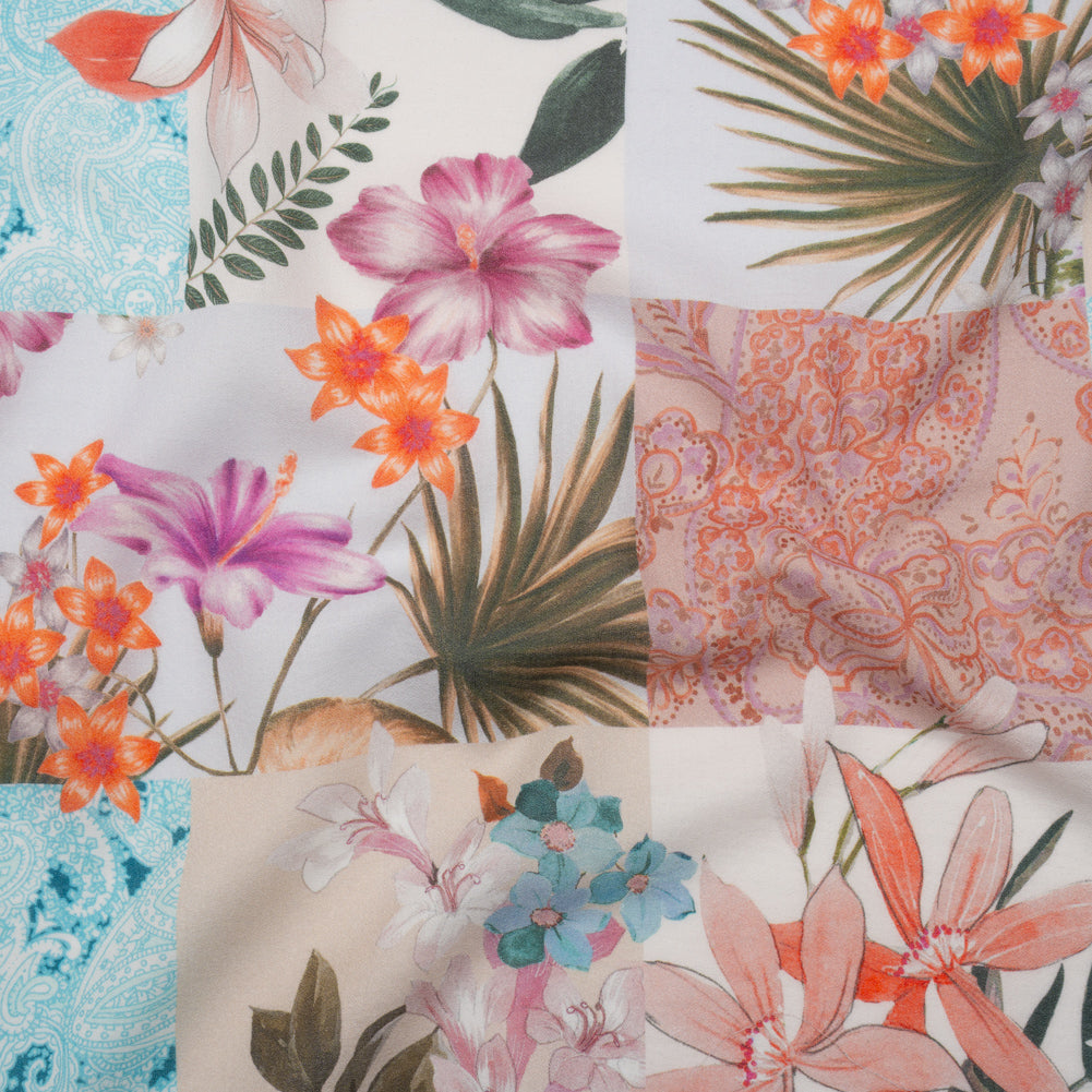 Cotton Crepe - Coral, Purple and Turquoise Floral and Paisley Patchwork - Mood Exclusive Tropical Tapestry Print Cotton Crepe - Coral, Purple and Turquoise Floral and Paisley Patchwork - Mood Exclusive Tropical Tapestry Print