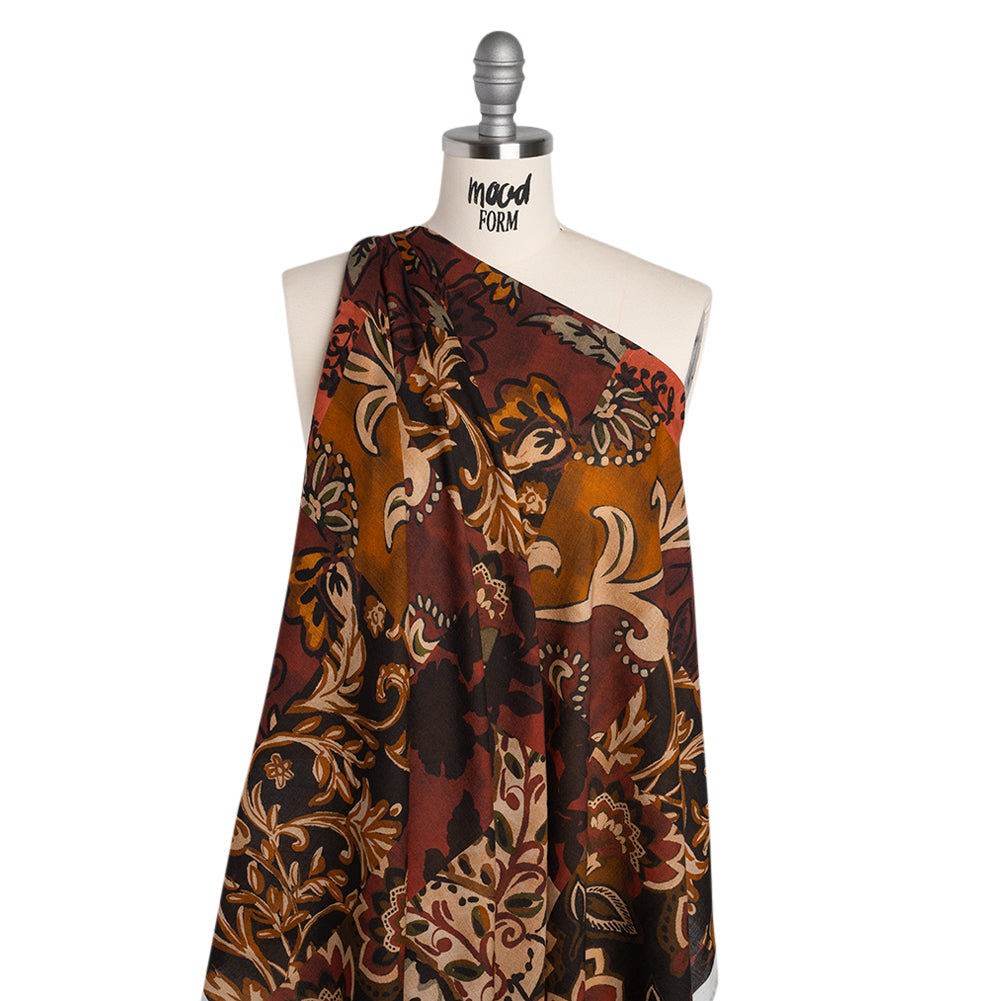 Cotton Crepe - Burgundy, Burnt Orange and Beige Floral Patchwork - Mood Exclusive Bordeaux Blossoms Print - Drape Cotton Crepe - Burgundy, Burnt Orange and Beige Floral Patchwork - Mood Exclusive Bordeaux Blossoms Print - Drape